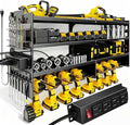 Heavy Duty Power Tool Organizer Wall Mount with Charging Station, 4 Layer Tool Storage Rack with 8 Drill Holder & Power Strip
