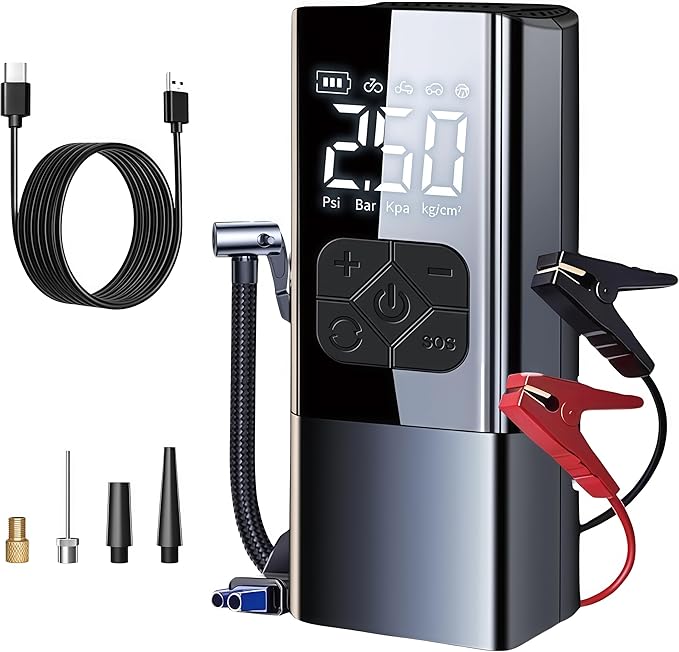 Tire Inflator Portable Air Compressor with Jump Starter - 150PSI & 8000mAh Car Battery Jump Starter with Tire Pressure