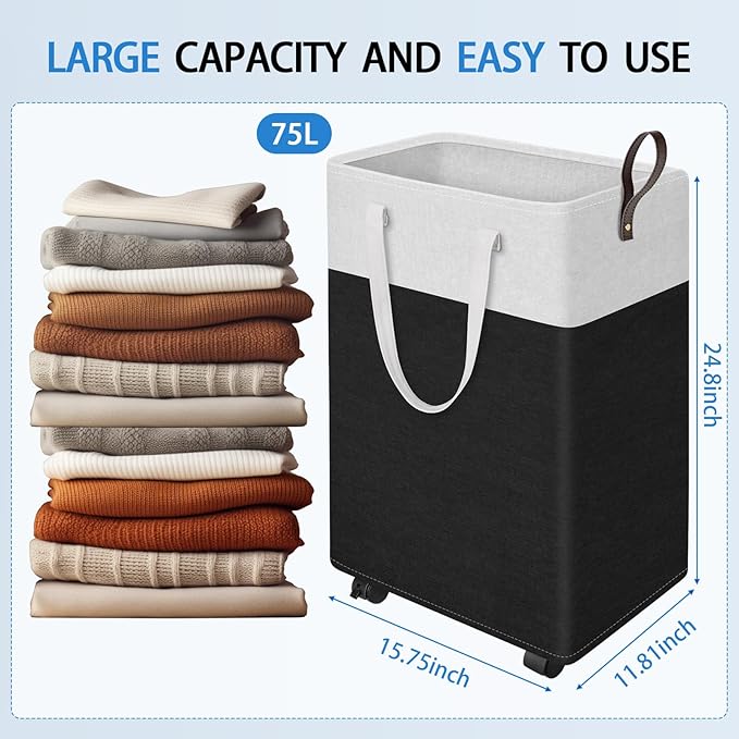 HomeHacks 75L Rolling Laundry Basket with Wheels, Collapsible & Waterproof Laundry Hamper, Mobile Clothes Hamper, Storage Lau