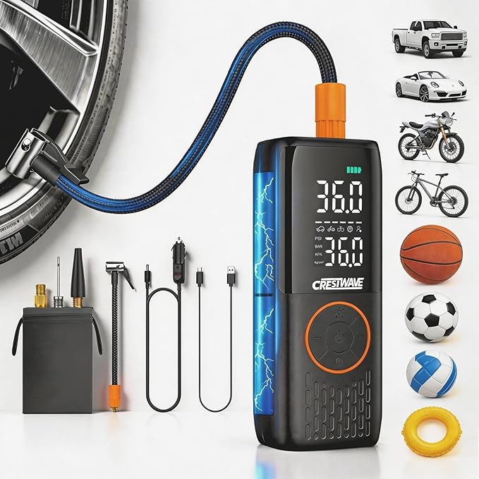 CrestWave Car Tire Inflator 20000mAh, 150PSI Portable Air Compressor Auto Stop & Digital Gauge, Fast Inflation for Car Tires, Bike, Motorcycle, Ball with Cordless Rechargeable Battery and 12V Adapter