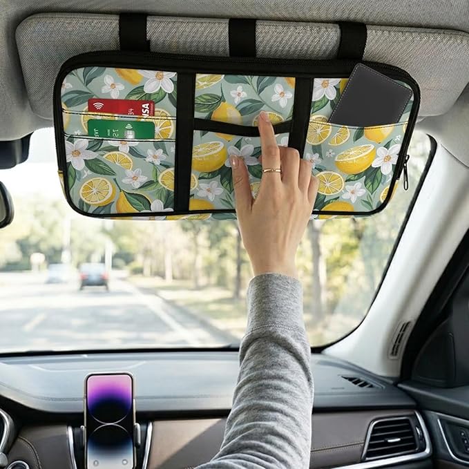 Lemon Car Sun Visor Storage Bag,Scratch-Resistant Car Essentials Tool Pack Car Visor Organizer with Zipper Fits Most Vehicles, SUVs, Trucks