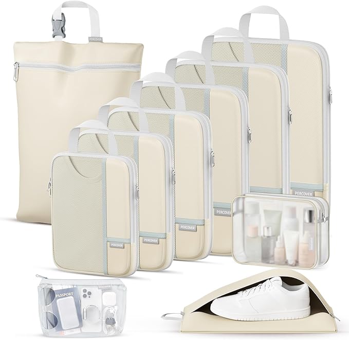 Percover Compression Packing Cubes 10-Piece Set, Packing Cubes Compression for Travel with Toiletry Bag, Laundry Bag & Shoe B