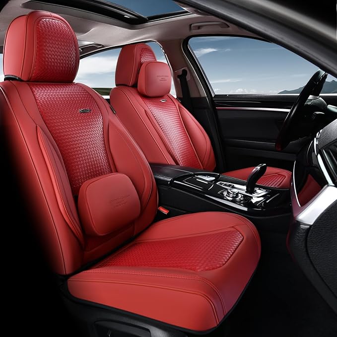Coverado Seat Covers, Car Seat Covers Front Seats, Waterproof Nappa Leather Auto Seat Cover with Lumbar Head Pillow, Red Seat