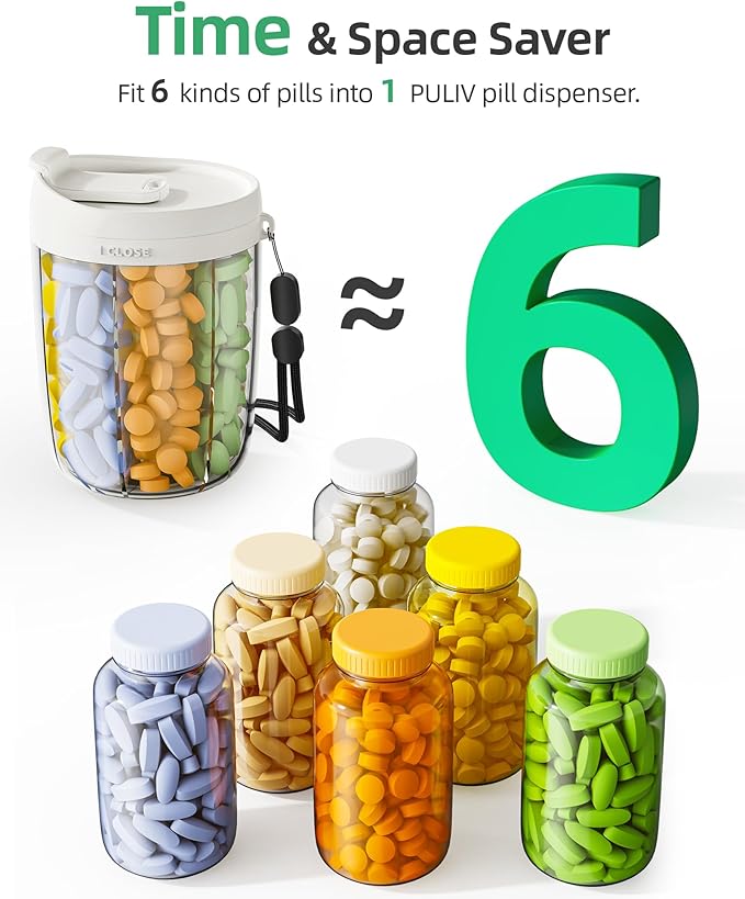 PULIV Large Supplement Organizer Bottle, Holds Plenty of 6 Various Vitamins in 1 Pill Dispenser with Anti-Mixing & Wide Openi
