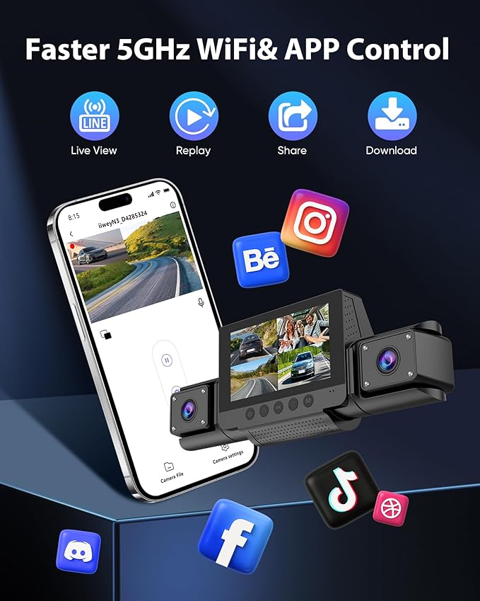 4 Channel Dash Cam 360 View for All-Round Protection, 4-Way Front Rear Inside Recording, Built-in 5G WiFi & GPS, APP Control,