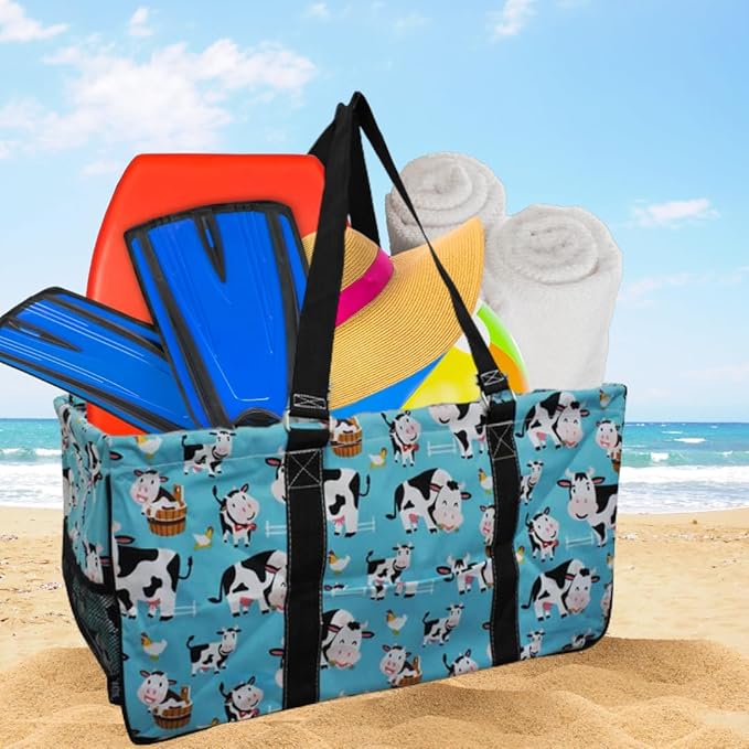 NGIL Extra Large Utility Tote Reusable Grocery Bag Oversized Collapsible for Groceries, Storage, Picnic, Beach (Cow in Town-Black)