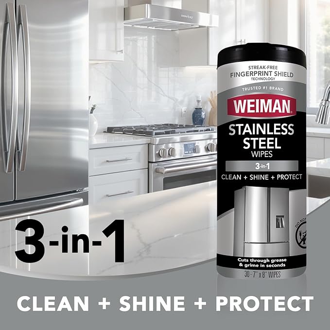 Weiman Stainless Steel Wipes and Leather Wipes - Clean and Polish Appliances for a Brighter and Longer Shine - Clean, Conditi
