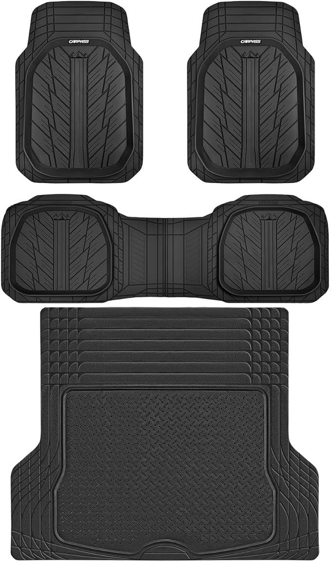 CAR PASS Deep Dish Floor Mats for Cars, Heavy Duty Rubber Floor Mats with Trunk Cargo Liner, Universal Trim-to Fit Automotive Floor mats for Truck Van SUV Waterproof All Weather Car Mats Solid Black