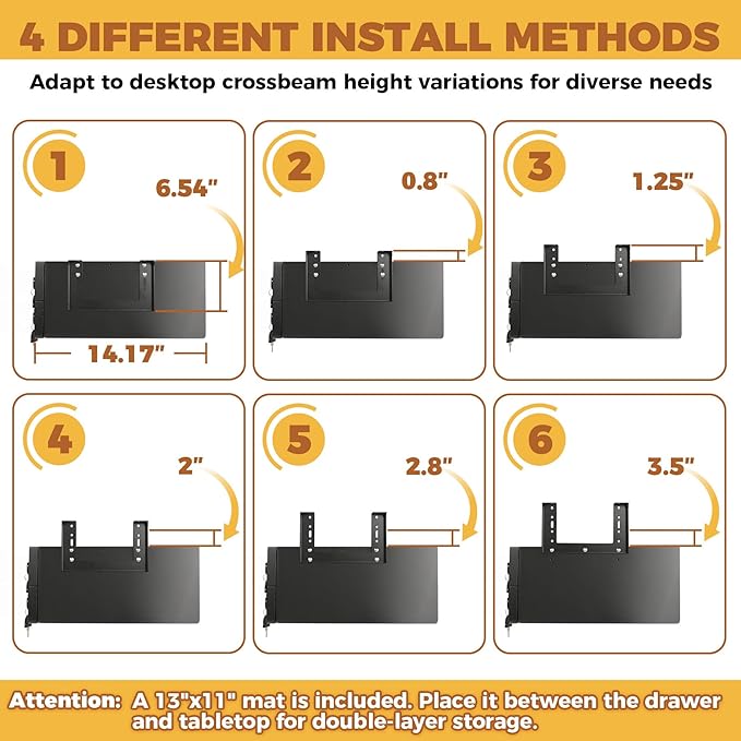 14.17" D Double Under Desk Drawer,Under Desk Pull out Storage Organizer with Lock and Keys,Adjustable Height, Metal Storage D