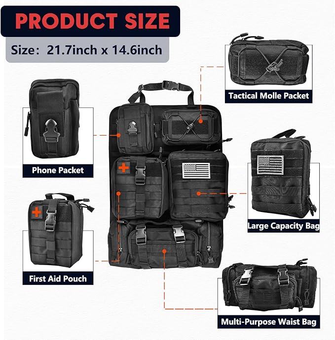Tactical Seat Back Organizer, Molle Seat Back Organizer Panel With 5 Detachable Multi-Purpose Molle Pouch Fits Car Truck SUV Ford Jeep