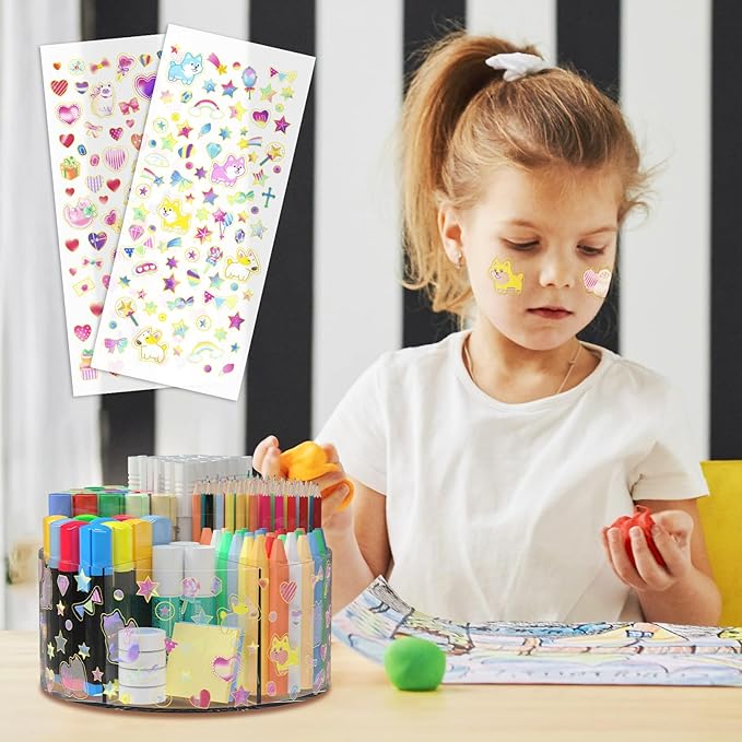 Acrylic Pen Holder with 2 Adhesive DIY Stickers, Desk Organizer Marker Holder with Cute Sticker, 360 Degree Office Supply Org