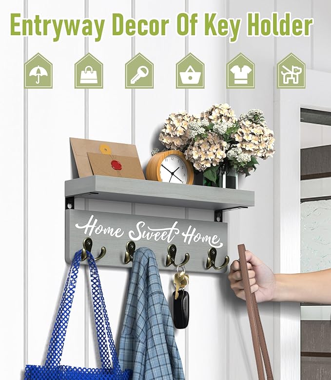 buways Key Holder Wall Mount with 4 Double Hooks-Solid Wood Wall-Mounted Organizer for Keys&Mail Rustic Key Rack Hanger Holde