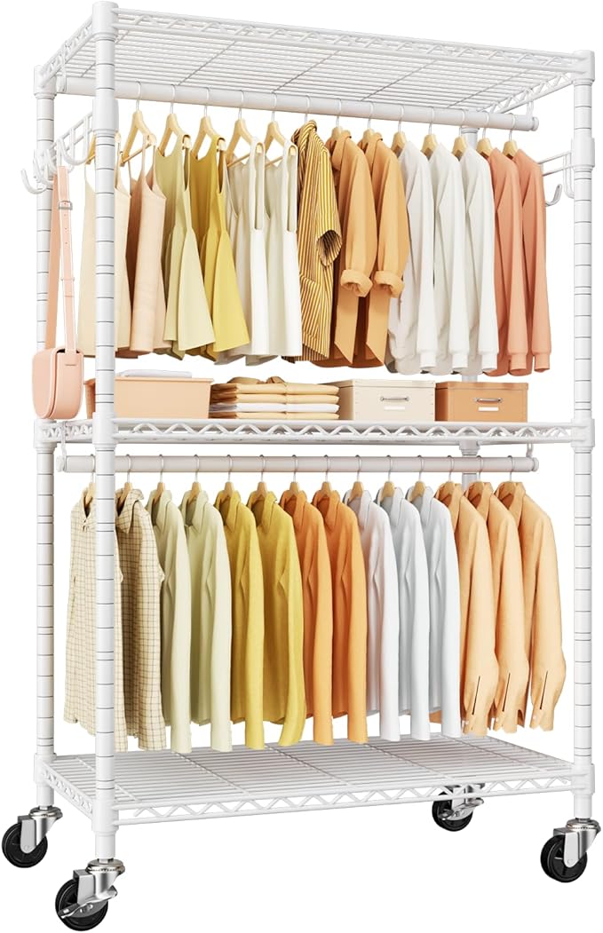 ULIFHOME P1 Rolling Clothes Rack Heavy Duty, Metal Closet Clothing Rack with Lockable Wheels, Portable Wardrobe Closet for Ha