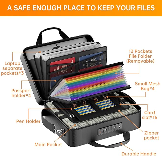 ENGPOW Fireproof Document Box with Lock, Fireproof Water Resistant Hard Case File Organizer Safe Box with Multi Pockets, Prot