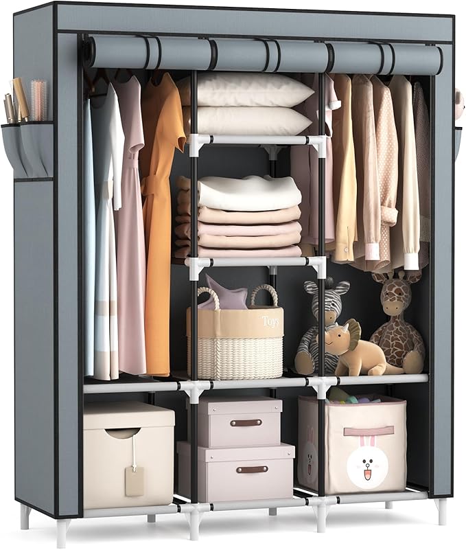 VTRIN Portable Closet Wardrobe for Hanging Clothes with 2 Hanging Rods and 8 Storage Organizer Shelves,Sturdy Large Wardrobe 