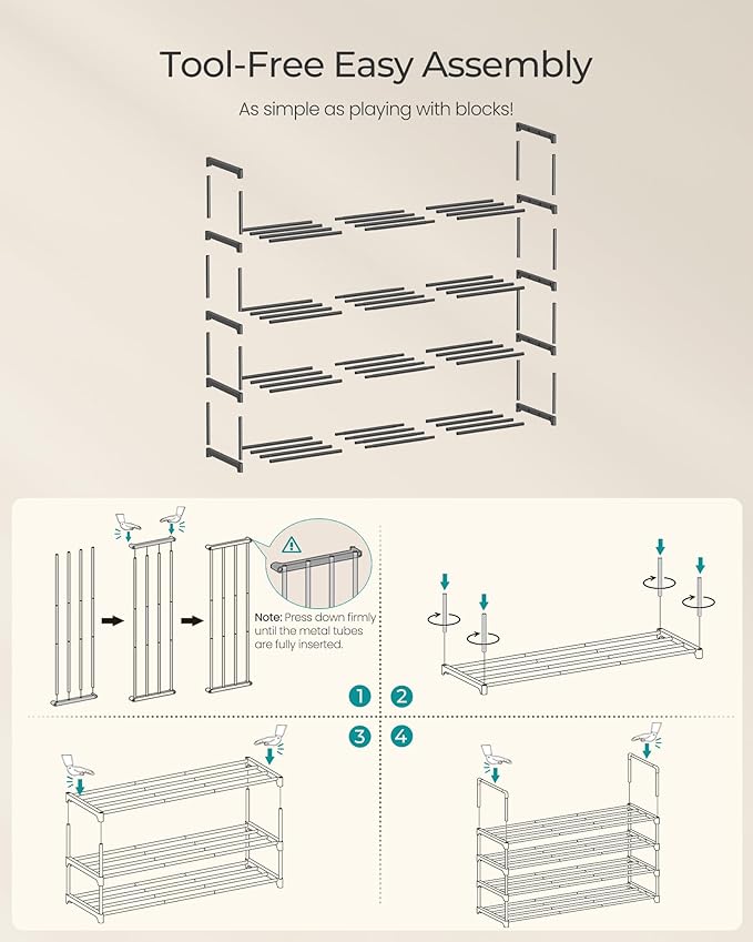 SONGMICS Shoe Rack, 4-Tier Shoe Organizer, Metal Storage Shelf, Upright or Upside Down, for 20-25 Pairs, Stackable, for Entry