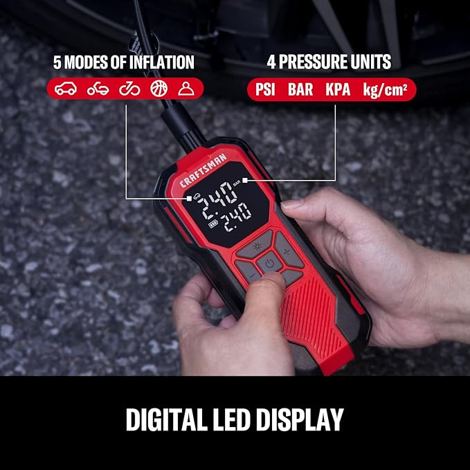 Craftsman Tire Inflator Portable Air Compressor - 20V Cordless Air Pump for Car Tires, 150PSI Upgrade High-Capacity Battery, Auto Shutoff Portable Tire Inflator for Car, LED Gauge & 12V DC Corded