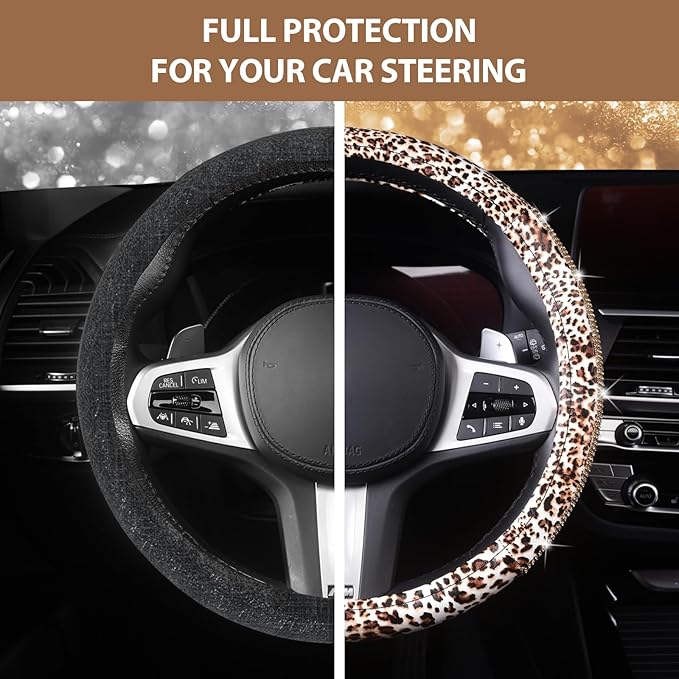 AUTOYOUTH Leopard Print Steering Wheel Cover - Bling Crystal Rhinestones Cheetah Print on PVC Leather Non-Slip Breathable Des