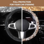 AUTOYOUTH Leopard Print Steering Wheel Cover - Bling Crystal Rhinestones Cheetah Print on PVC Leather Non-Slip Breathable Des