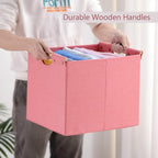 HOONEX Large Foldable Storage Bins, Linen Fabric, Pack of 2, Storage Baskets with Wooden Carry Handles and Sturdy Heavy Cardb