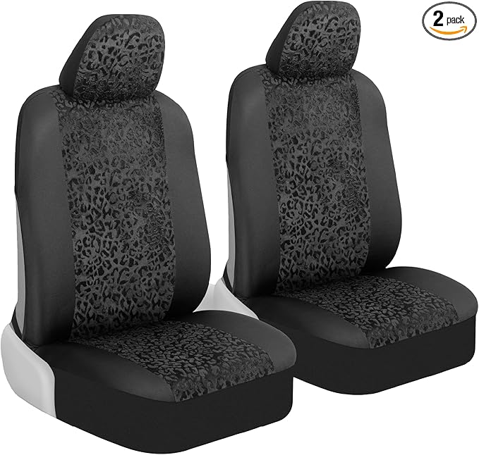 BDK Black Leopard Car Seat Covers for Front Seats, Animal Print Front Seat Cover Set with Matching Headrest, Sideless Design 