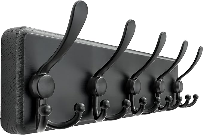 Dseap Coat Rack Wall Mounted - 5 Tri Hooks, Heavy Duty, Wooden Wall Coat Hanger Coat Hook for Clothes Hat Jacket Clothing, Bl
