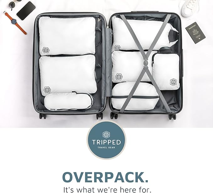 TRIPPED XL Compression Packing Cubes — 7-Piece Set for Checked Luggage | Extra-Large (15.7"×11"×4") + Large + Small + Tube + 