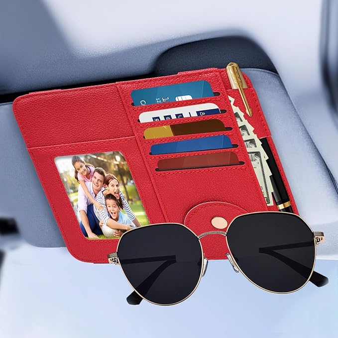 Visor Organizer, Red Sunglass Holder For Car, Sunvisor Organizers with Multiple Pockets and Picture Frame, Essential Car Interior Accessories for Women and Men