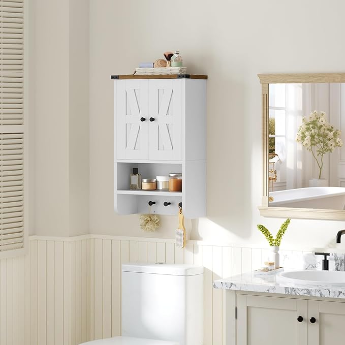 MAHANCRIS Bathroom Wall Cabinet, Farmhouse Medicine Cabinet with Adjustable Shelf, 3-Tier Wall-Mounted Storage Cabinet with 3
