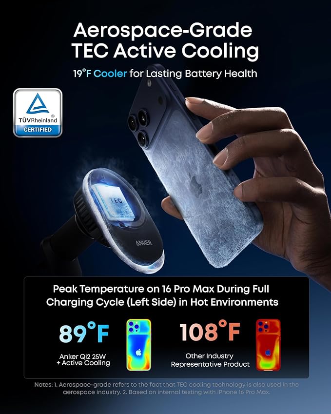 Anker Prime MagSafe Car Mount Charger, Qi2 25W Certified Wireless Car Charger with TEC Cooling, Strong Magnets, Air Vent Mount for iPhone 17-12 Series (Check Vent Compatibility, Includes 60W Adapter)