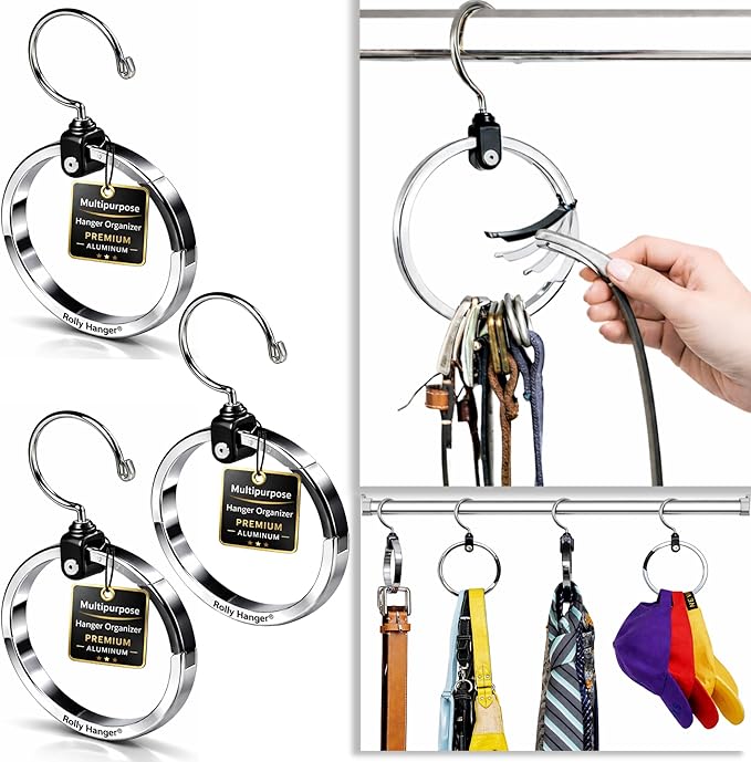 Rolly Hanger® Closet Space Saver – Premium Rotating Aluminum Organizer for Belts, Ties, Hats & Handbags – Heavy Duty 360° Swi