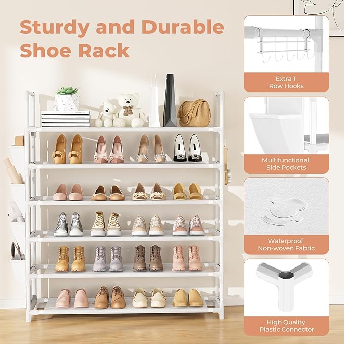 LANTEFUL 6 Tier Shoe Rack Storage for 24-30 Pairs Shoe and Boot, Shoe Organizer with Hook and Side Pocket Free Standing Long 
