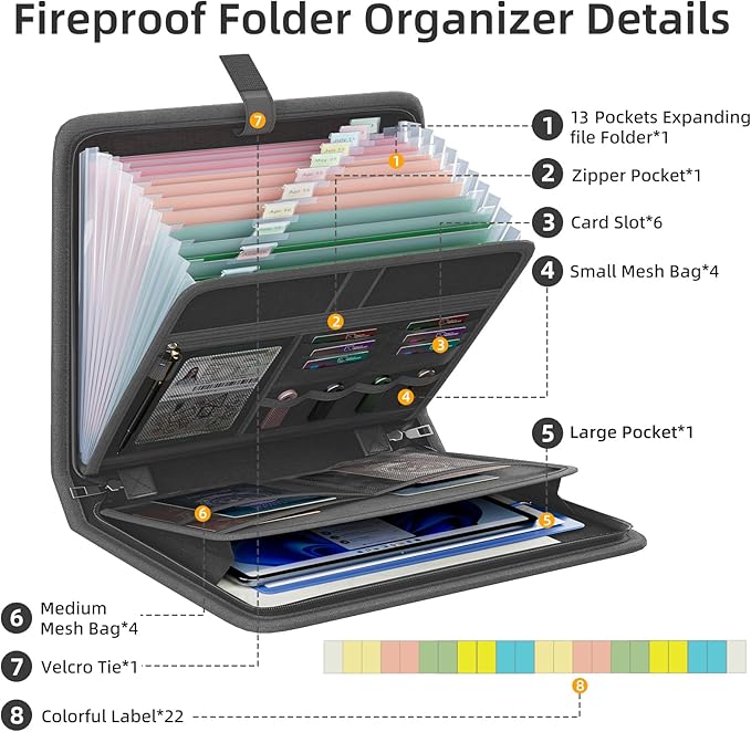 Fireproof Accordion File Organizer, Portable Expanding File Folder with Waterproof Zipper&Labels, Dark Gray Document Organize