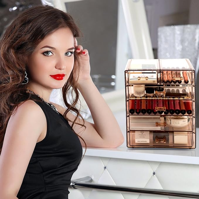 Sorbus Acrylic Makeup Organizer Set, 6-Drawer Vanity & Countertop Cosmetic Storage with Small & Wide Drawers, Bronze Glow Mak