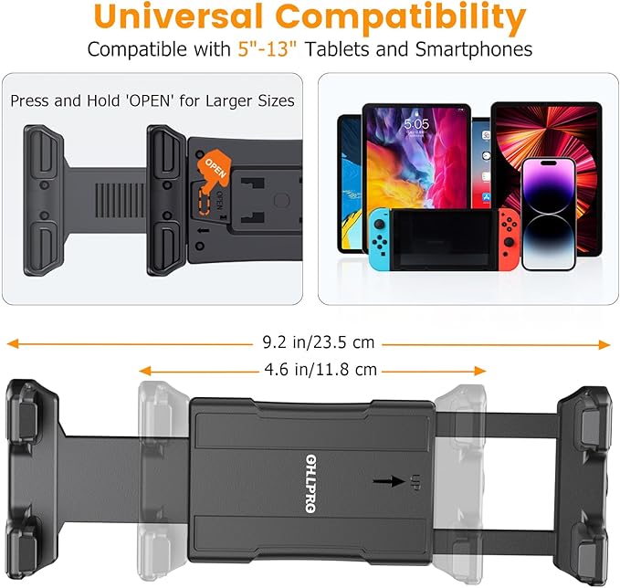 OHLPRO Tablet Mount for Truck - Heavy Duty Drill Base Tablet Holder for Car Dashboard, iPad Holder for All 5"-13" iPad Pro Samsung Galaxy Kindle fire Tablets and Car Wall etc. - 8-inch Aluminum Arm