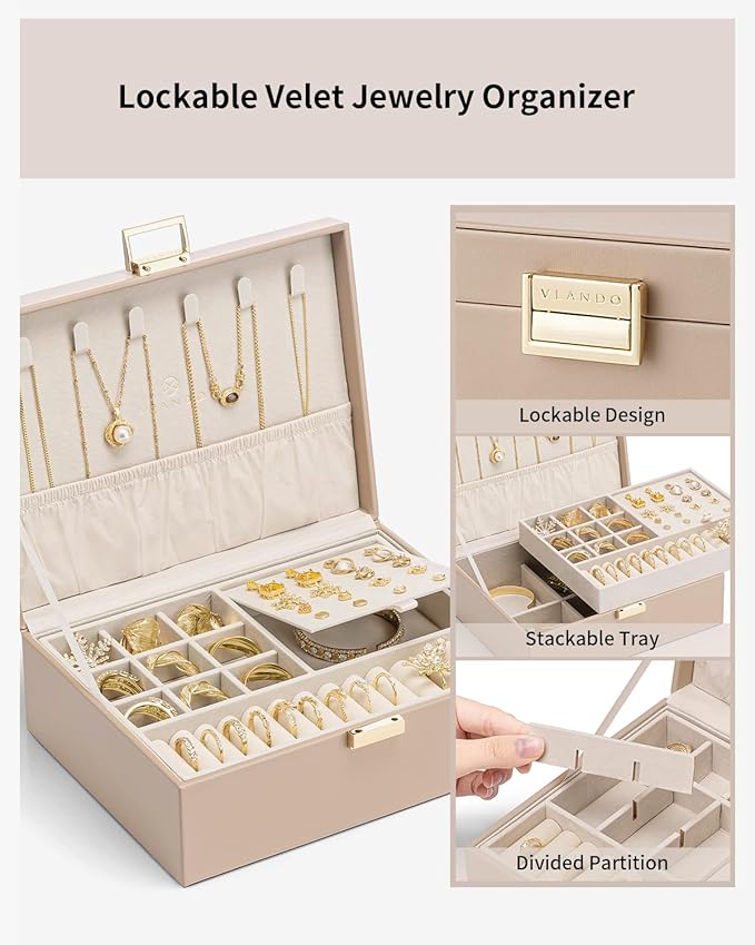 VLANDO Jewelry Box for Women, Gift for Women Girls,2 Layer Jewelry Box,Large Jewelry Organizer for Women Removable Jewelery T