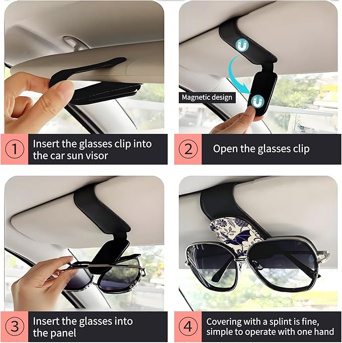 Sunglasses Holder for Car Visor, PU Leather Glasses Clip Organizer, Cute Magnetic Eyeglass Holder for Vehicle Sun Visor, Car Interior Accessory for Women & Men Purple Purple Bat