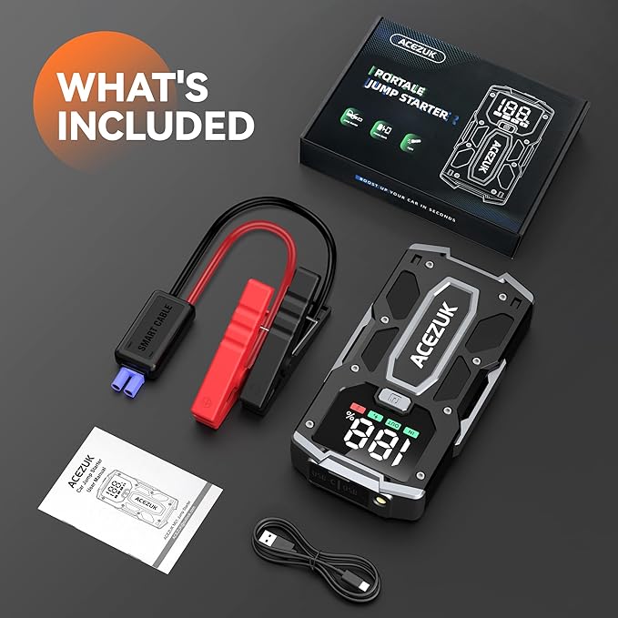 Car Jump Starter12V 8-in-1 Jump Starter Battery Pack 6000A Up to 7.0L Gas & 5.5L Diesel Engines Quick Charge 3.0 Power Bank