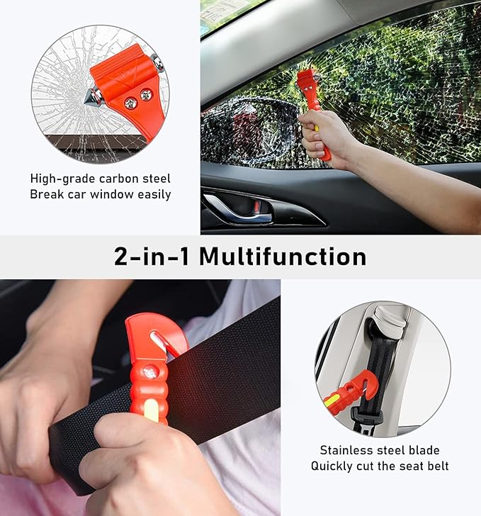Car Safety Hammer 10 Pack, Car Emergency Escape Tool Car Window Glass Breaker and Seat Belt Cutter with Light Reflective Tape
