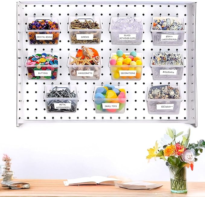 16 Set Clear Peg Board Bins and Baskets Pegboard Organizer Accessories with Hooks Pegboard Containers Wall Sticker Label and 