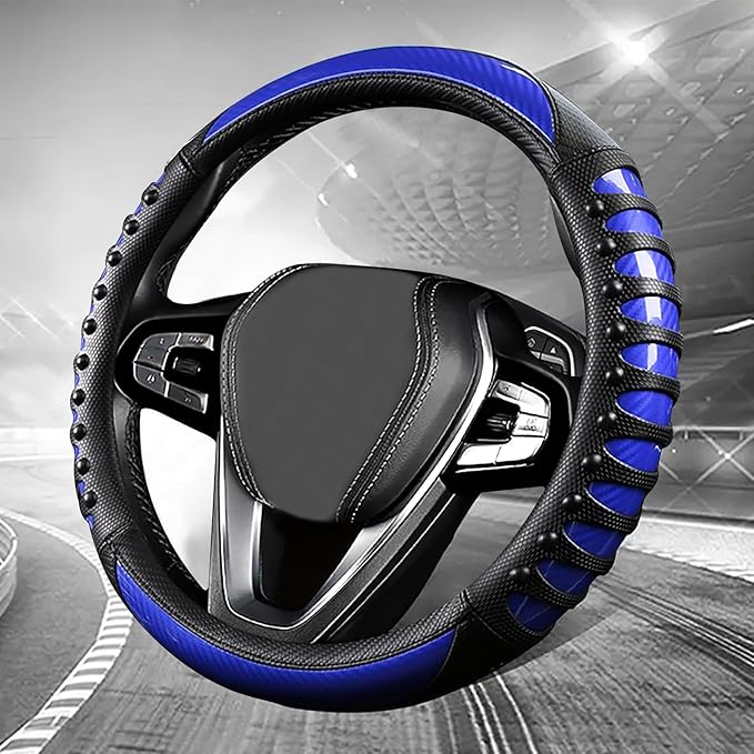 3D Massage Blue Carbon Fiber Leather Steering Wheel Cover, 14.5-15 Inch Non-Slip Breathable Microfiber Car Steering Wheel Pro