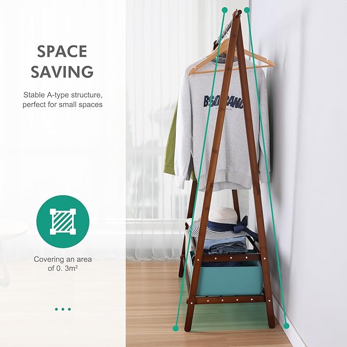 Jotsport Bamboo Clothing Rack Foldable Clothes Hanging Stand with 2 Tier Storage Shelf for Laundry, Guest Room, Apartment, En