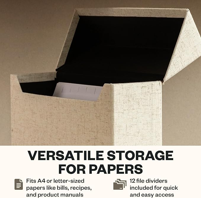 Bigso Lovisa Fiberboard Document Storage Box with 12 Folded Files for A4 and Letter Size Papers - Durable File Organizer Box 