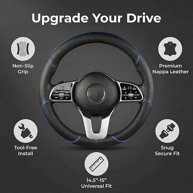 Steering Wheel Cover, Premium Nappa Leather Steering Wheel Cover, Non-Slip & Breathable, Universal Fit for 14.5-15 Inch Wheel