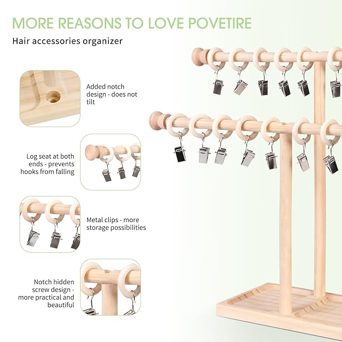 POVETIRE Headband Holder Stand Storage for Baby, 2 Tier Wooden Bow Organizer for Girls Hair Bows, Infant Hair Accessories Rac