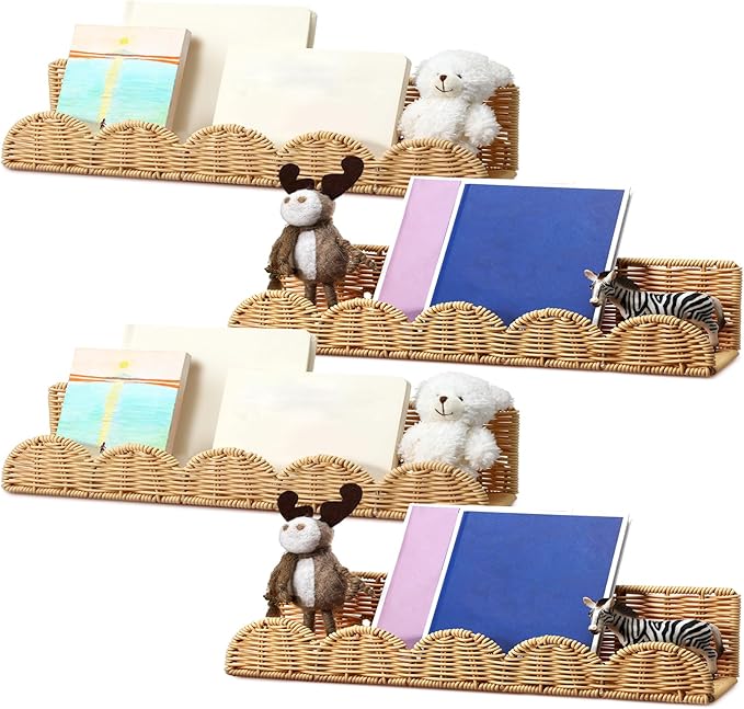 Pinkunn 4 Pcs Nursery Book Shelves 15.8 Inch Rattan Scalloped Floating Bookshelves Wicker Boho Book Shelf for Wall Mounted De