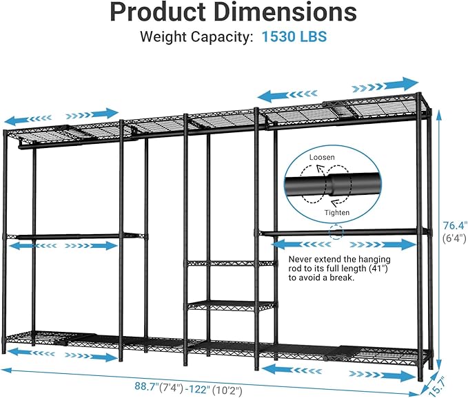 VIPEK X4 Expandable Heavy Duty Clothes Rack, Adjustable from 7'4" to 10'2" with Adjustable Shelves and Hanger Rods, Large War
