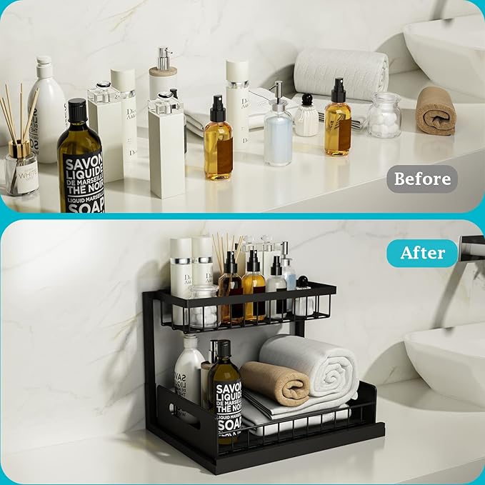 REALINN Under Sink Organizer, L-Shaped 2 Tier Pull Out Cabinet Organizer for Kitchen and Bathroom, Slide Out Under Cabinet St