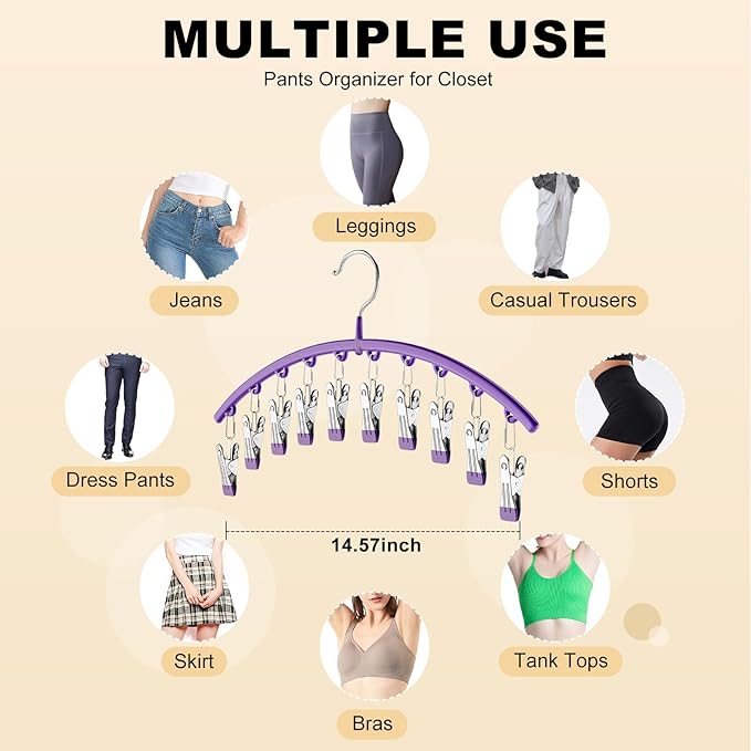 Legging Organizer for Closet, Metal Yoga Pants Hanger w/Rubber Coated 4 Pack w/10 Clips Hold 40 Leggings, Hangers Space Savin