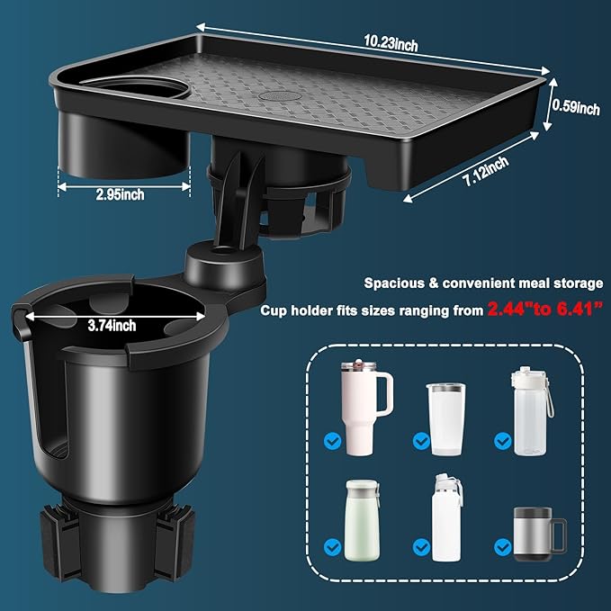 JPart Car Cup Holder Tray, Cup Holder Expander, 2 in 1 Detachable Car Food Tray with 360°Rotation Tray for Eating, Storage an